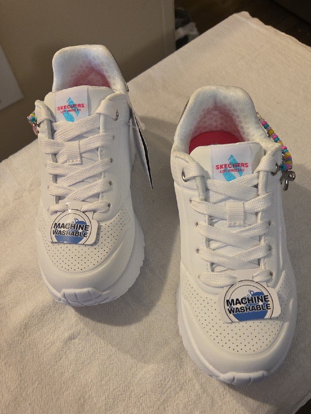 Skechers Kids White Sneakers with Pink Interior and Beaded Charm Size 13 NWT